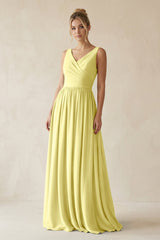 V - Neck Chiffon A - Line Long Bridesmaid Dress in Buttercup - KissProm Bridesmaid Dresses