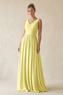 V - Neck Chiffon A - Line Long Bridesmaid Dress in Buttercup - KissProm Bridesmaid Dresses