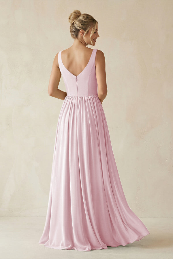 V - Neck Chiffon A - Line Long Bridesmaid Dress in Candy Pink - KissProm Bridesmaid Dresses