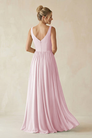 V - Neck Chiffon A - Line Long Bridesmaid Dress in Candy Pink - KissProm Bridesmaid Dresses