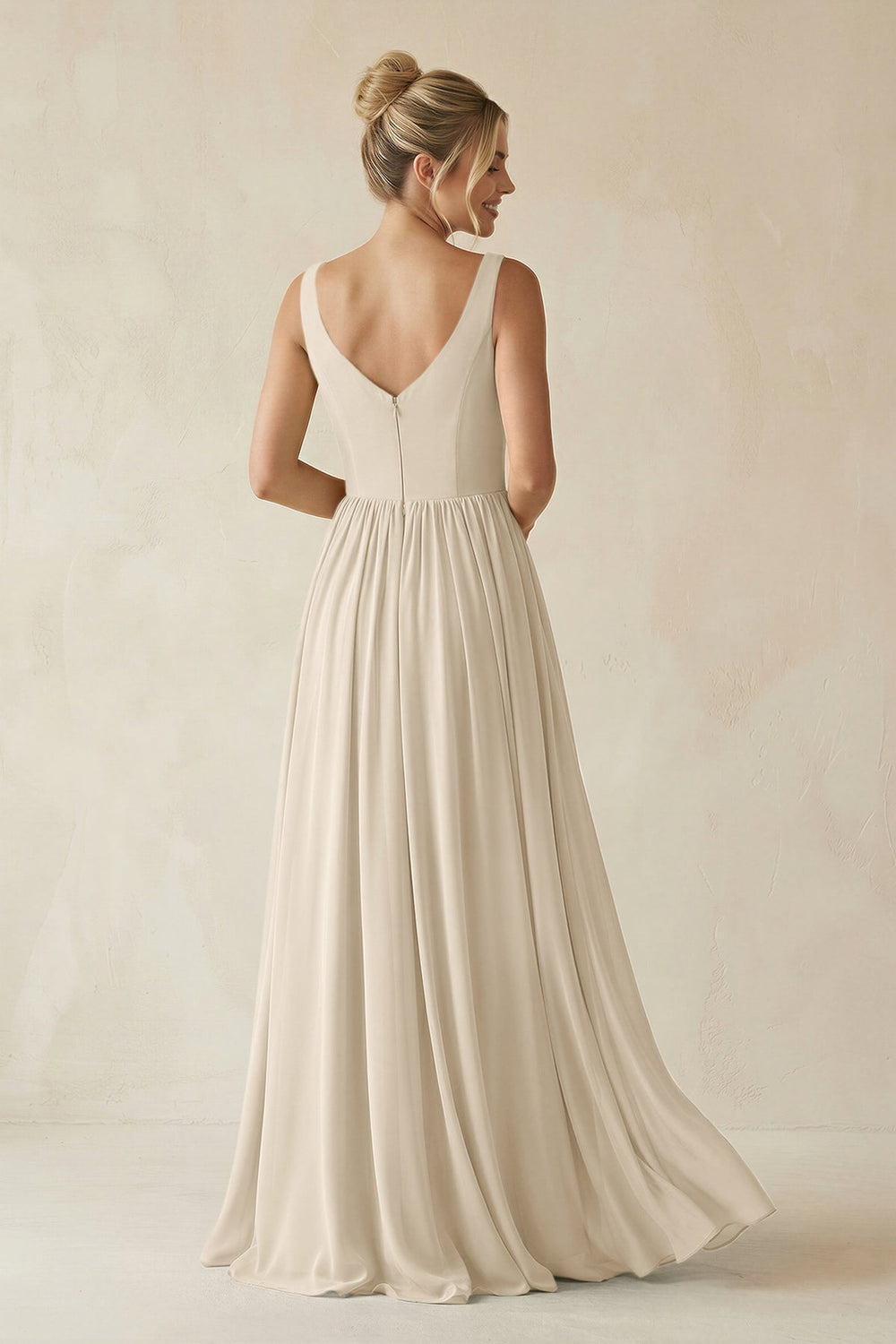 V - Neck Chiffon A - Line Long Bridesmaid Dress in Champagne - KissProm Bridesmaid Dresses