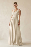 V - Neck Chiffon A - Line Long Bridesmaid Dress in Champagne - KissProm Bridesmaid Dresses
