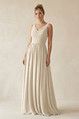 V - Neck Chiffon A - Line Long Bridesmaid Dress in Champagne - KissProm Bridesmaid Dresses