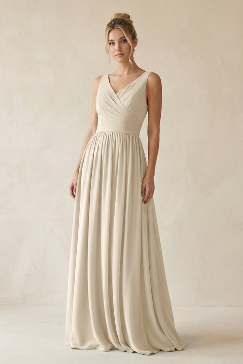 V - Neck Chiffon A - Line Long Bridesmaid Dress in Champagne - KissProm Bridesmaid Dresses