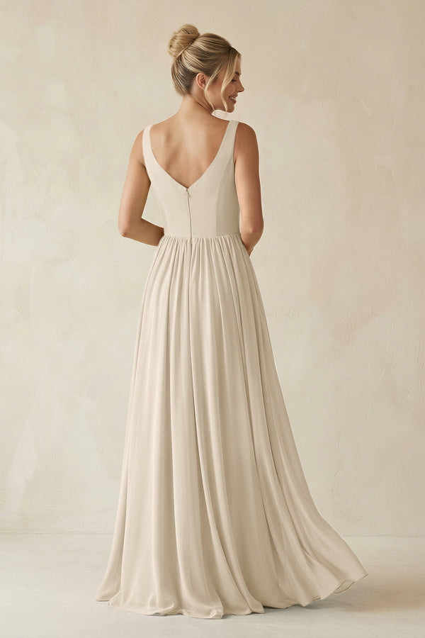 V - Neck Chiffon A - Line Long Bridesmaid Dress in Champagne - KissProm Bridesmaid Dresses