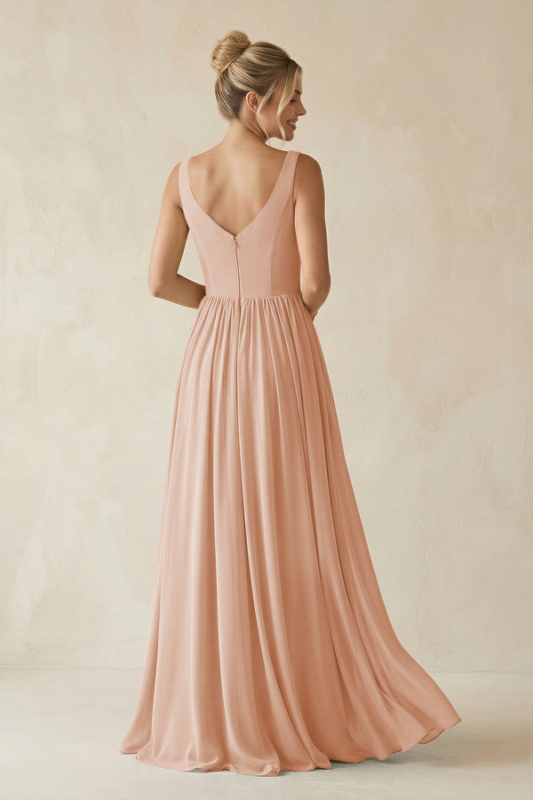 V - Neck Chiffon A - Line Long Bridesmaid Dress in Champagne Rose - KissProm Bridesmaid Dresses