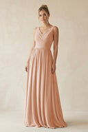 V - Neck Chiffon A - Line Long Bridesmaid Dress in Champagne Rose - KissProm Bridesmaid Dresses