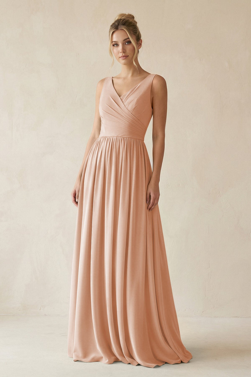 V - Neck Chiffon A - Line Long Bridesmaid Dress in Champagne Rose - KissProm Bridesmaid Dresses