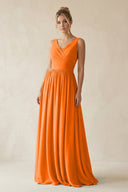 V - Neck Chiffon A - Line Long Bridesmaid Dress in Cinnamon - KissProm Bridesmaid Dresses