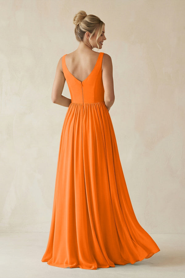 V - Neck Chiffon A - Line Long Bridesmaid Dress in Cinnamon - KissProm Bridesmaid Dresses
