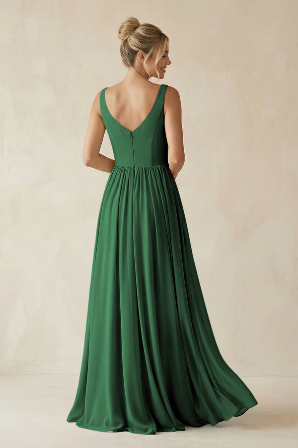 V - Neck Chiffon A - Line Long Bridesmaid Dress in Dark Green - KissProm Bridesmaid Dresses
