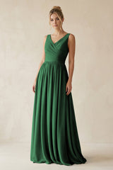V - Neck Chiffon A - Line Long Bridesmaid Dress in Dark Green - KissProm Bridesmaid Dresses