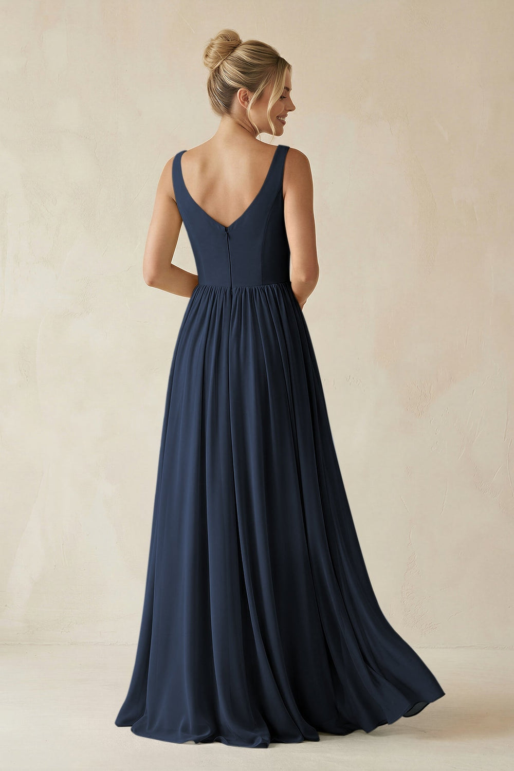 V - Neck Chiffon A - Line Long Bridesmaid Dress in Dark Navy - KissProm Bridesmaid Dresses