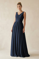 V - Neck Chiffon A - Line Long Bridesmaid Dress in Dark Navy - KissProm Bridesmaid Dresses