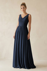 V - Neck Chiffon A - Line Long Bridesmaid Dress in Dark Navy - KissProm Bridesmaid Dresses