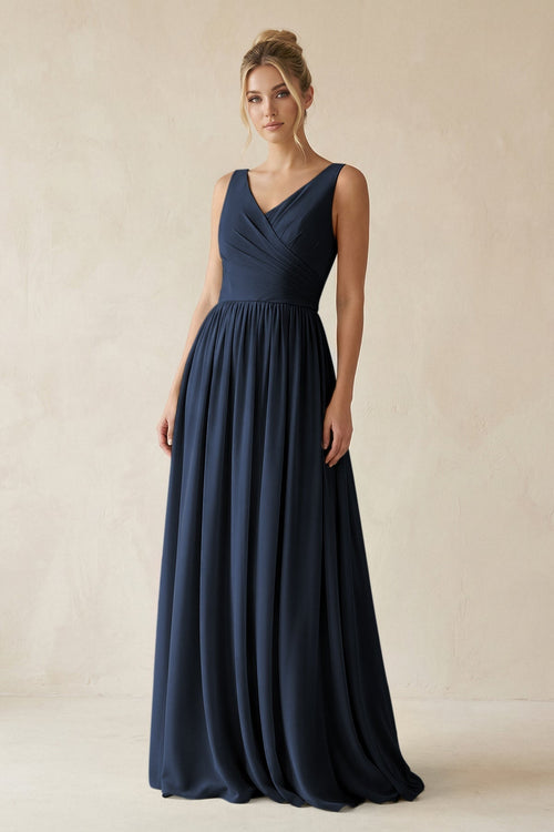 V - Neck Chiffon A - Line Long Bridesmaid Dress in Dark Navy - KissProm Bridesmaid Dresses