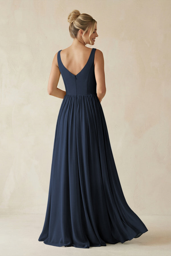 V - Neck Chiffon A - Line Long Bridesmaid Dress in Dark Navy - KissProm Bridesmaid Dresses
