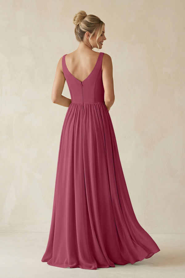 V - Neck Chiffon A - Line Long Bridesmaid Dress in Desert Rose - KissProm Bridesmaid Dresses