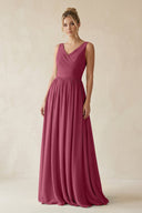 V - Neck Chiffon A - Line Long Bridesmaid Dress in Desert Rose - KissProm Bridesmaid Dresses