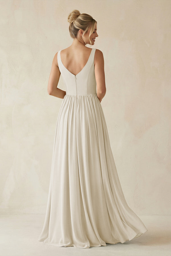 V - Neck Chiffon A - Line Long Bridesmaid Dress in Dove Gray - KissProm Bridesmaid Dresses