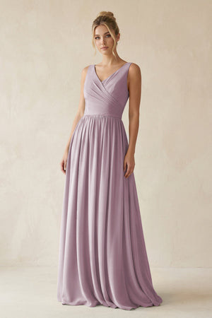 V - Neck Chiffon A - Line Long Bridesmaid Dress in Dusk - KissProm Bridesmaid Dresses