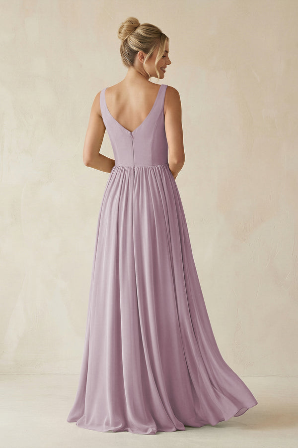 V - Neck Chiffon A - Line Long Bridesmaid Dress in Dusk - KissProm Bridesmaid Dresses