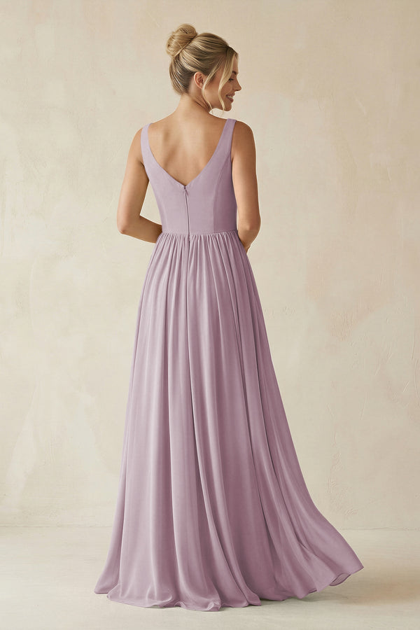 V - Neck Chiffon A - Line Long Bridesmaid Dress in Dusk - KissProm Bridesmaid Dresses