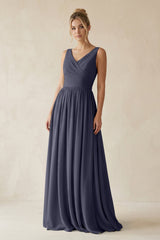 V - Neck Chiffon A - Line Long Bridesmaid Dress in Dusk Blue - KissProm Bridesmaid Dresses