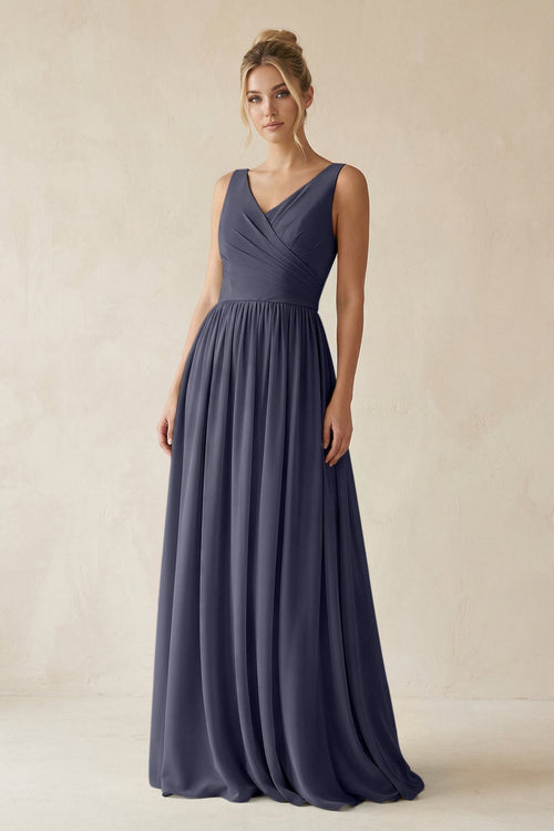 V - Neck Chiffon A - Line Long Bridesmaid Dress in Dusk Blue - KissProm Bridesmaid Dresses