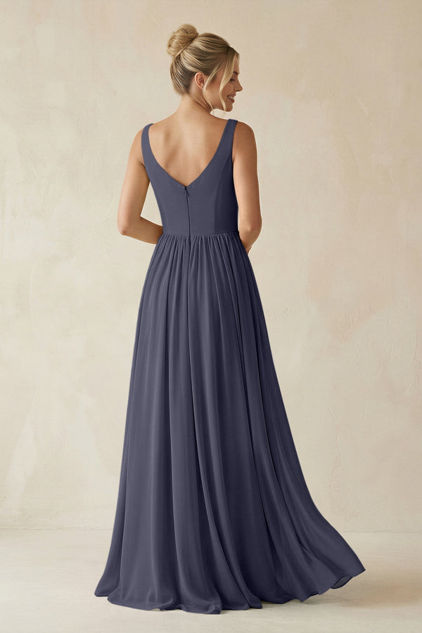 V - Neck Chiffon A - Line Long Bridesmaid Dress in Dusk Blue - KissProm Bridesmaid Dresses