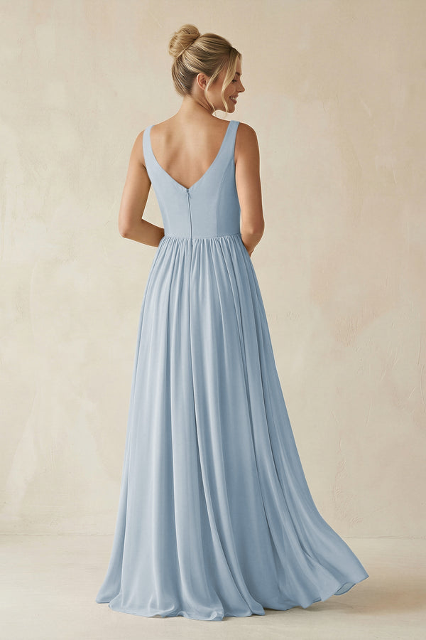 V - Neck Chiffon A - Line Long Bridesmaid Dress in Dusty Blue - KissProm Bridesmaid Dresses