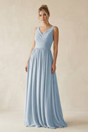 V - Neck Chiffon A - Line Long Bridesmaid Dress in Dusty Blue - KissProm Bridesmaid Dresses