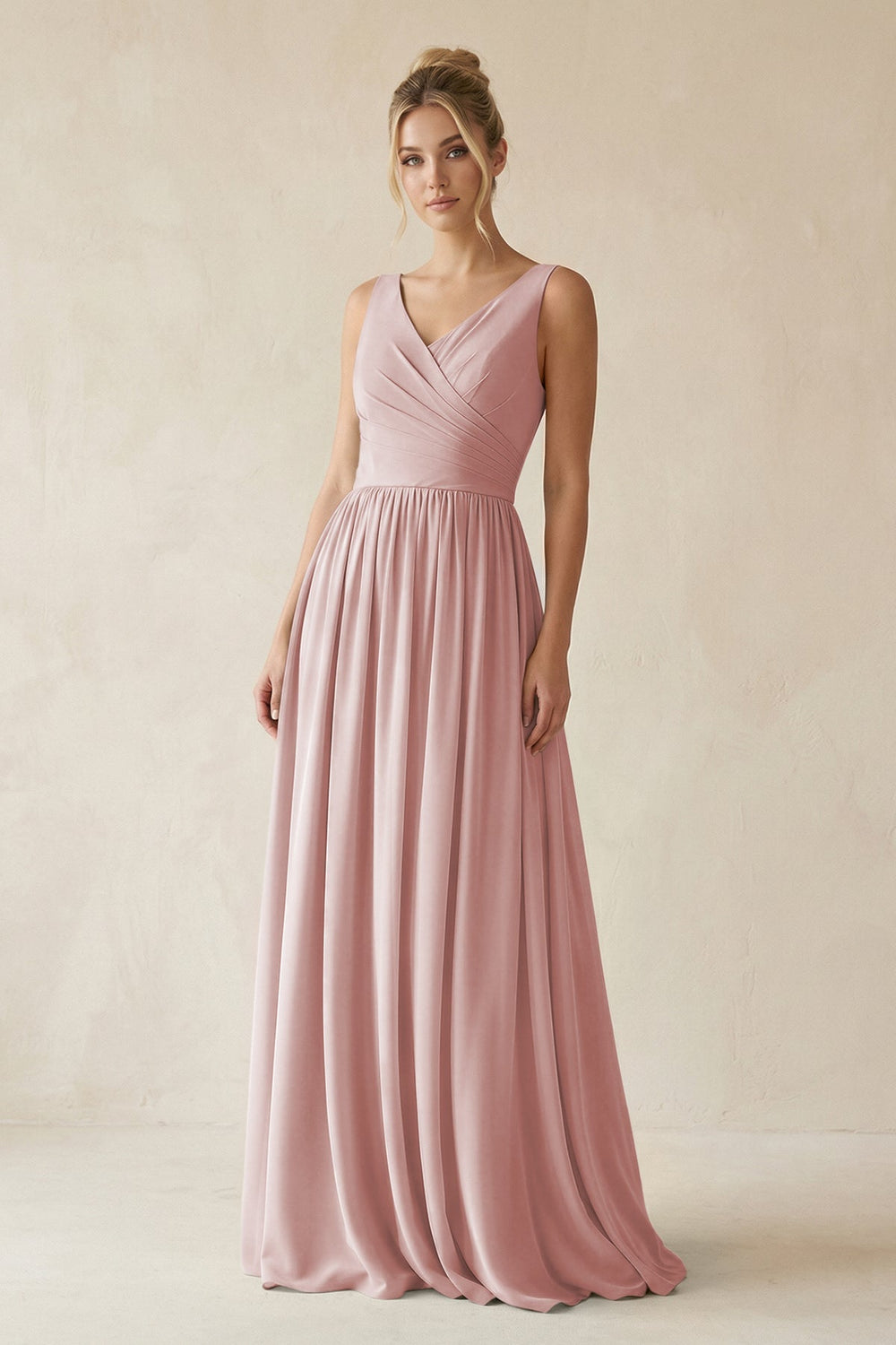 V - Neck Chiffon A - Line Long Bridesmaid Dress in Dusty Rose - KissProm Bridesmaid Dresses