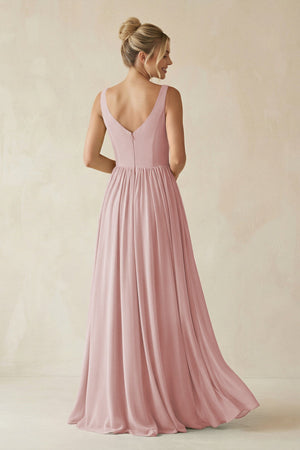 V - Neck Chiffon A - Line Long Bridesmaid Dress in Dusty Rose - KissProm Bridesmaid Dresses