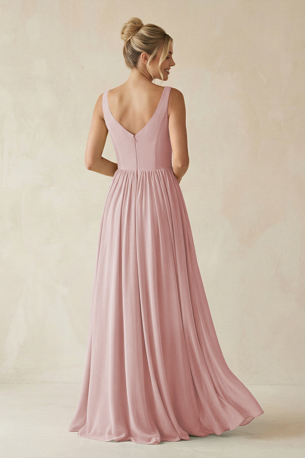 V - Neck Chiffon A - Line Long Bridesmaid Dress in Dusty Rose - KissProm Bridesmaid Dresses