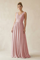 V - Neck Chiffon A - Line Long Bridesmaid Dress in Dusty Rose - KissProm Bridesmaid Dresses
