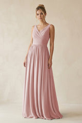 V - Neck Chiffon A - Line Long Bridesmaid Dress in Dusty Rose - KissProm Bridesmaid Dresses