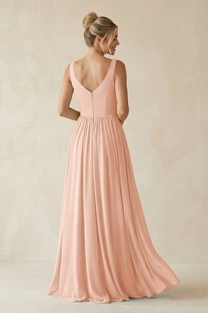 V - Neck Chiffon A - Line Long Bridesmaid Dress in English Rose - KissProm Bridesmaid Dresses
