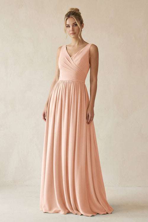 V - Neck Chiffon A - Line Long Bridesmaid Dress in English Rose - KissProm Bridesmaid Dresses