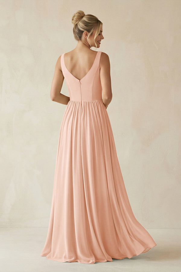 V - Neck Chiffon A - Line Long Bridesmaid Dress in English Rose - KissProm Bridesmaid Dresses