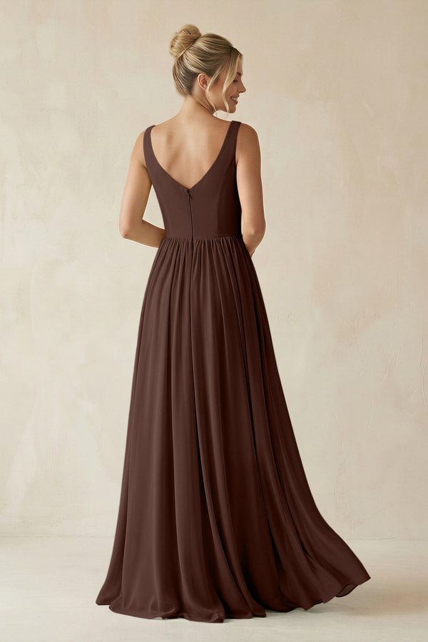 V - Neck Chiffon A - Line Long Bridesmaid Dress in Espresso - KissProm Bridesmaid Dresses