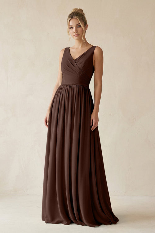 V - Neck Chiffon A - Line Long Bridesmaid Dress in Espresso - KissProm Bridesmaid Dresses