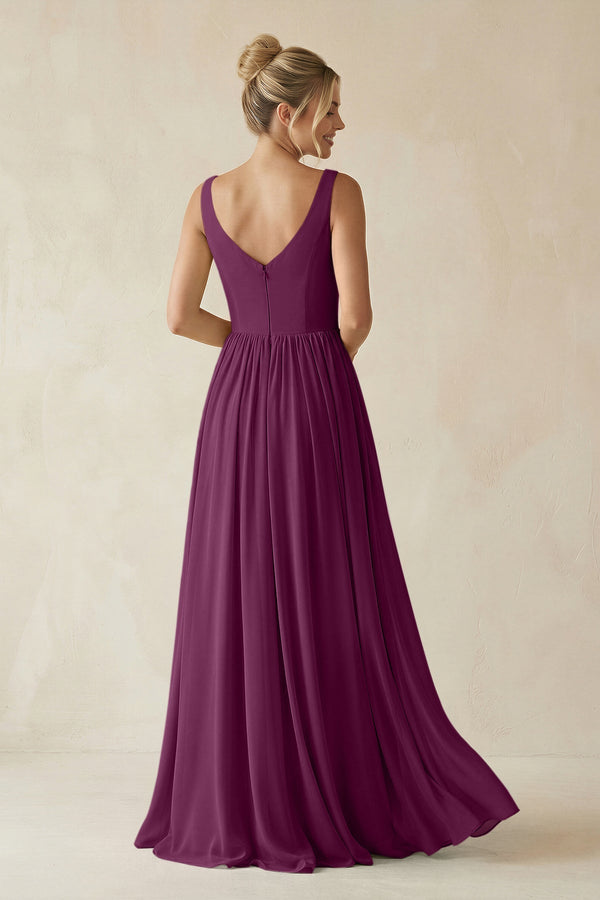 V - Neck Chiffon A - Line Long Bridesmaid Dress in Fig - KissProm Bridesmaid Dresses