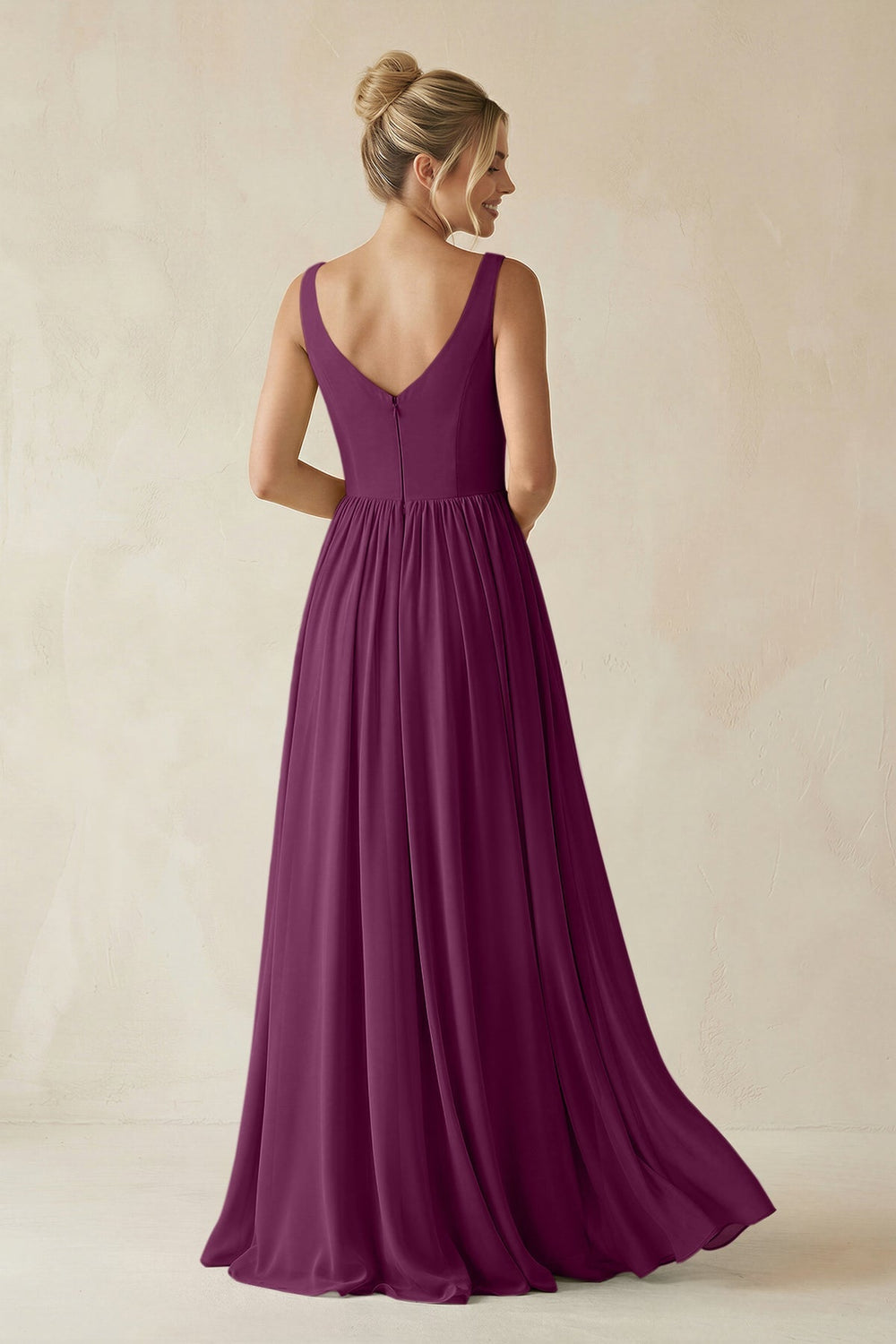 V - Neck Chiffon A - Line Long Bridesmaid Dress in Fig - KissProm Bridesmaid Dresses