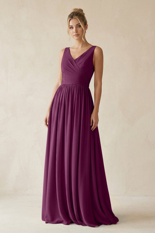 V - Neck Chiffon A - Line Long Bridesmaid Dress in Fig - KissProm Bridesmaid Dresses
