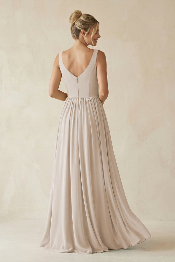 V - Neck Chiffon A - Line Long Bridesmaid Dress in Frost - KissProm Bridesmaid Dresses