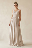 V - Neck Chiffon A - Line Long Bridesmaid Dress in Frost - KissProm Bridesmaid Dresses