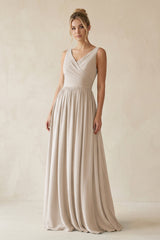 V - Neck Chiffon A - Line Long Bridesmaid Dress in Frost - KissProm Bridesmaid Dresses