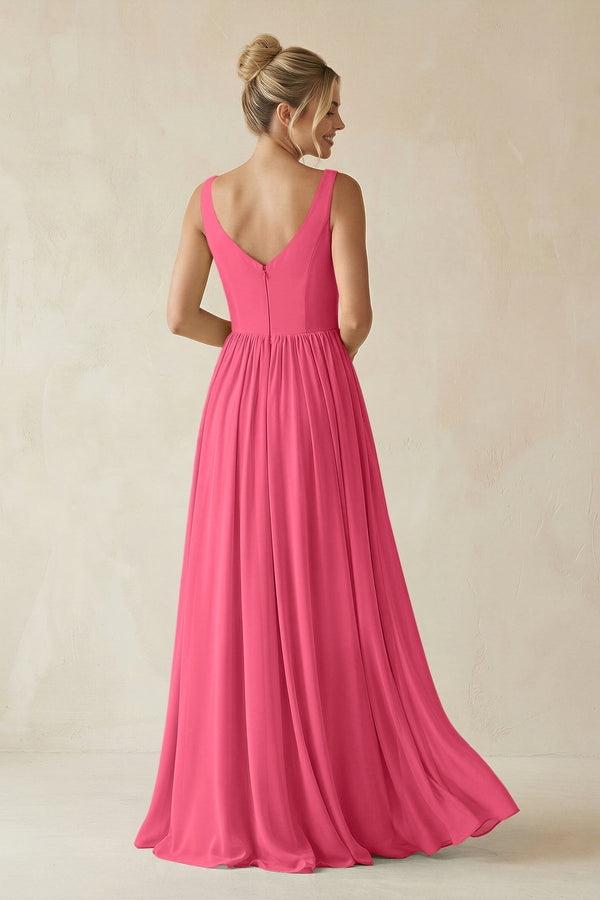 V - Neck Chiffon A - Line Long Bridesmaid Dress in Fuchsia - KissProm Bridesmaid Dresses