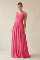 V - Neck Chiffon A - Line Long Bridesmaid Dress in Fuchsia - KissProm Bridesmaid Dresses